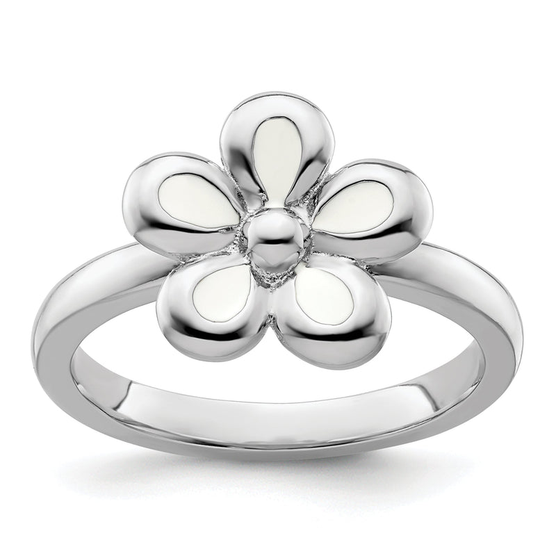Sterlingsilber Stapelbar Expressions Poliert Weiß Emailliert Blume Ring