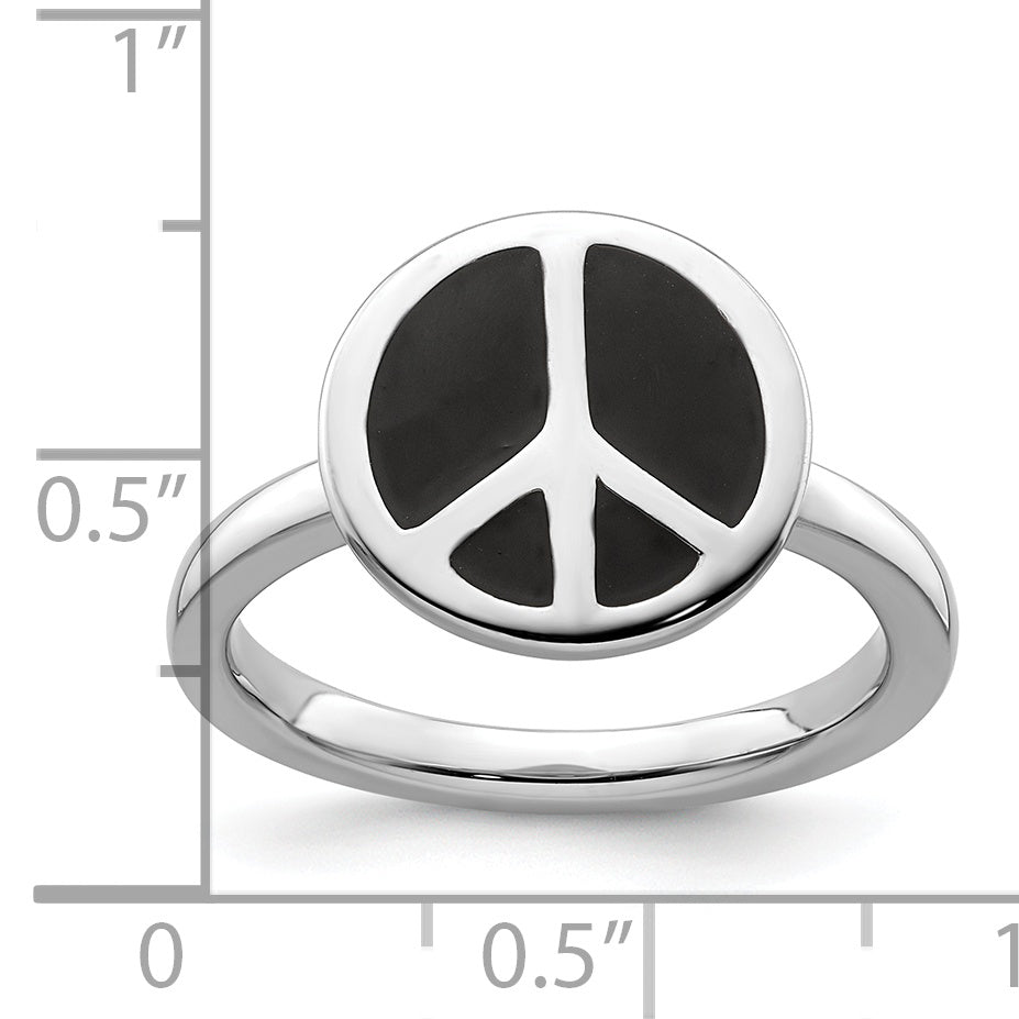 Sterlingsilber Ss Stapelbar Expressions Poliert Schwarz Emailliert Frieden Zeichen Ring