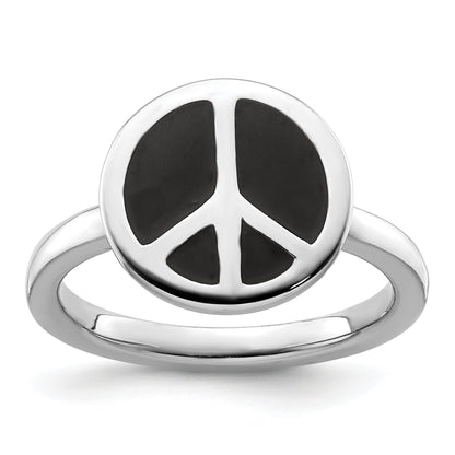 Sterlingsilber Ss Stapelbar Expressions Poliert Schwarz Emailliert Frieden Zeichen Ring