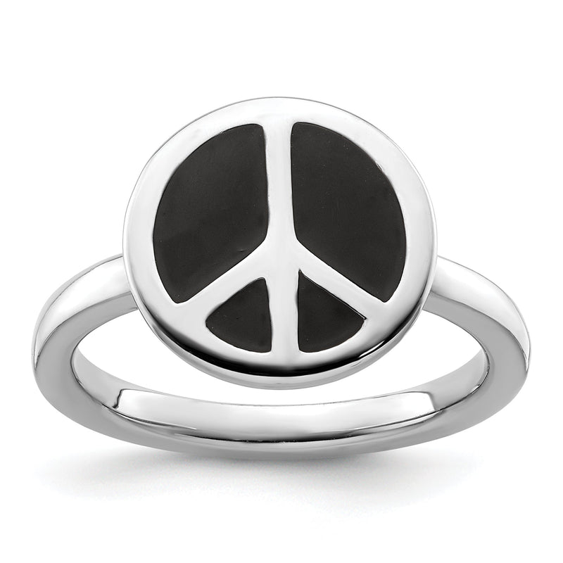 Sterlingsilber Ss Stapelbar Expressions Poliert Schwarz Emailliert Frieden Zeichen Ring