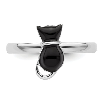 Sterlingsilber Stapelbar Expressions Poliert Schwarz Emailliert Katze Ring