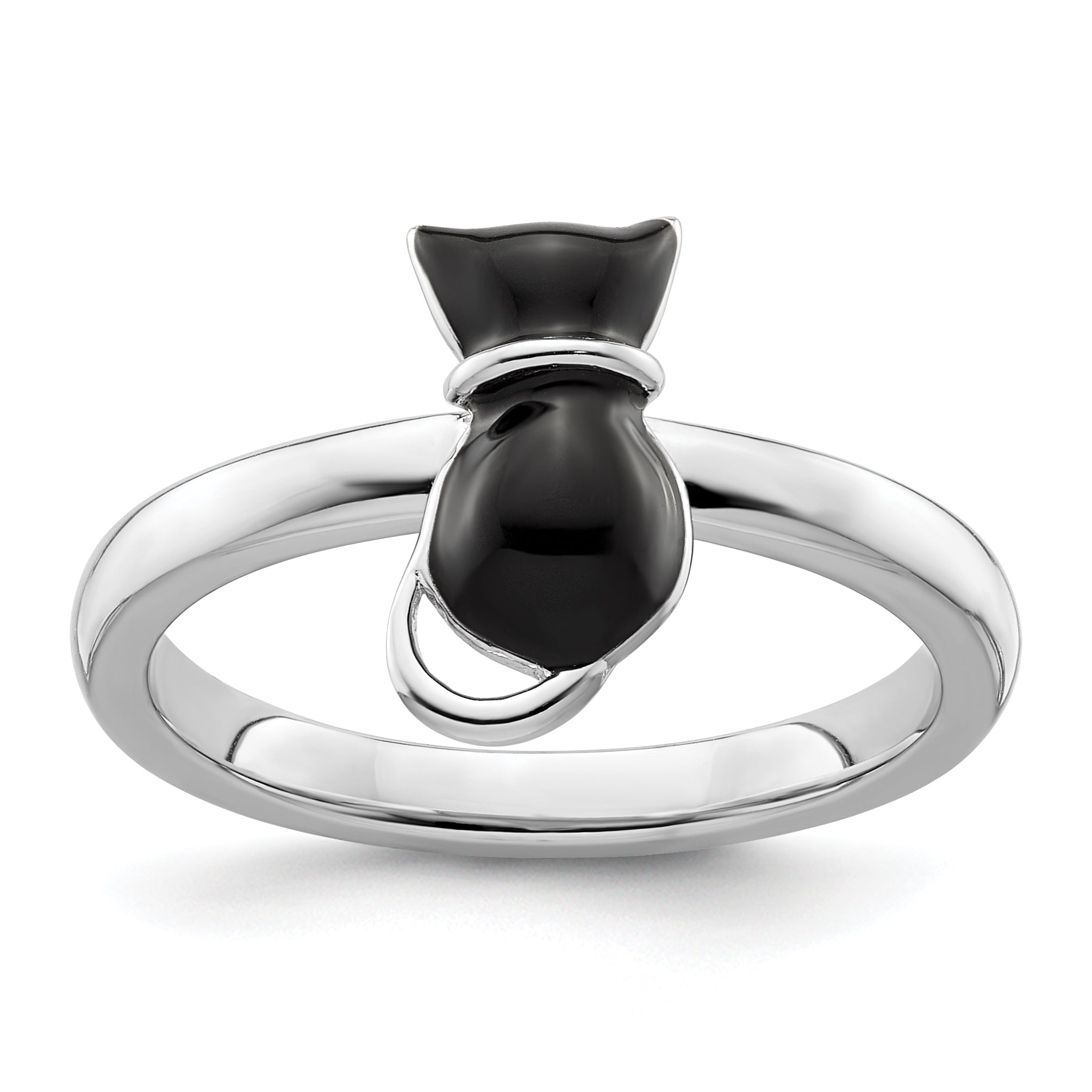 Sterlingsilber Stapelbar Expressions Poliert Schwarz Emailliert Katze Ring
