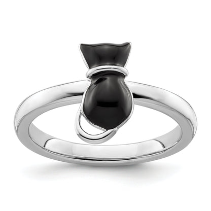 Sterlingsilber Stapelbar Expressions Poliert Schwarz Emailliert Katze Ring