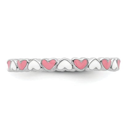 Sterlingsilber Stapelbar Expressions Rosa & Weiß Emaille Herz Ring