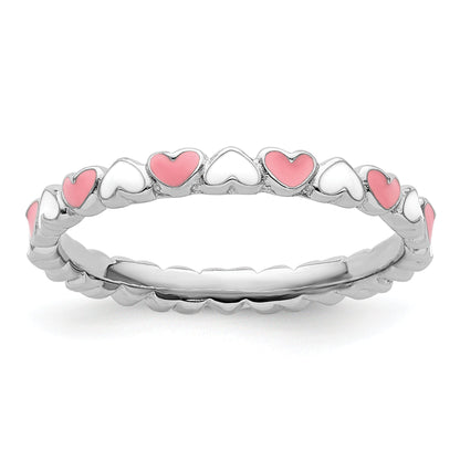 Sterlingsilber Stapelbar Expressions Rosa & Weiß Emaille Herz Ring