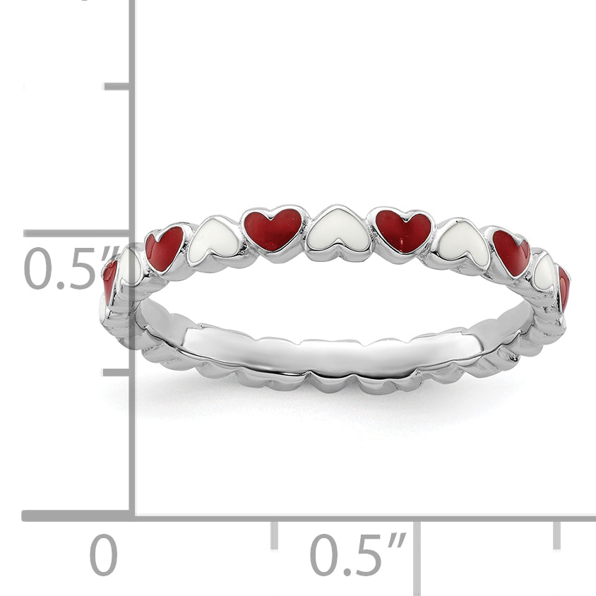 Sterlingsilber Stapelbar Expressions Rot & Weiß Emaille Herz Ring