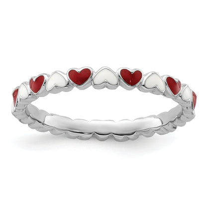 Sterlingsilber Stapelbar Expressions Rot & Weiß Emaille Herz Ring