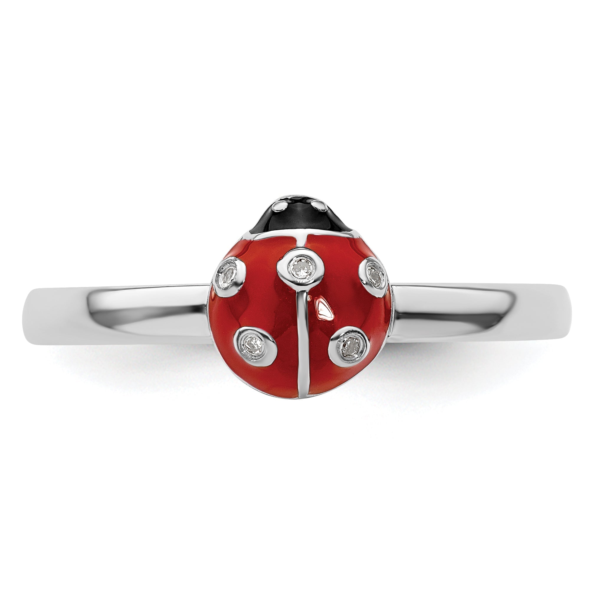 Sterlingsilber Stapelbar Expressions Rot /blk Emaille Marienkäfer Diamant Rin