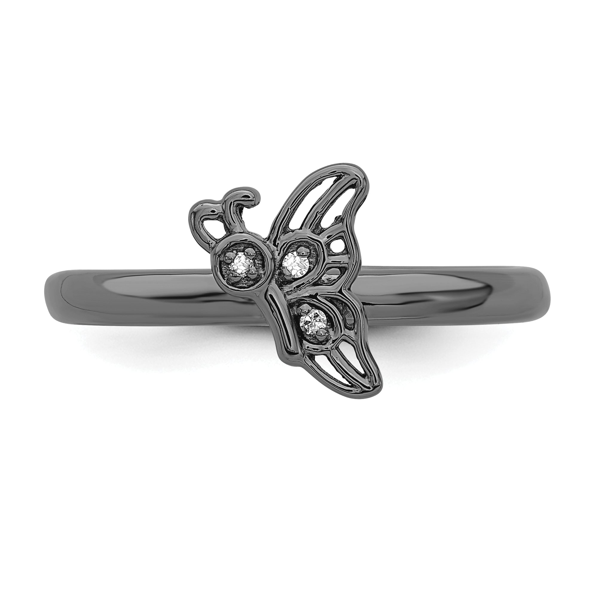 Sterlingsilber Stapelbar Expressions Schwarz Beschichtet Schmetterling Diamant Ring