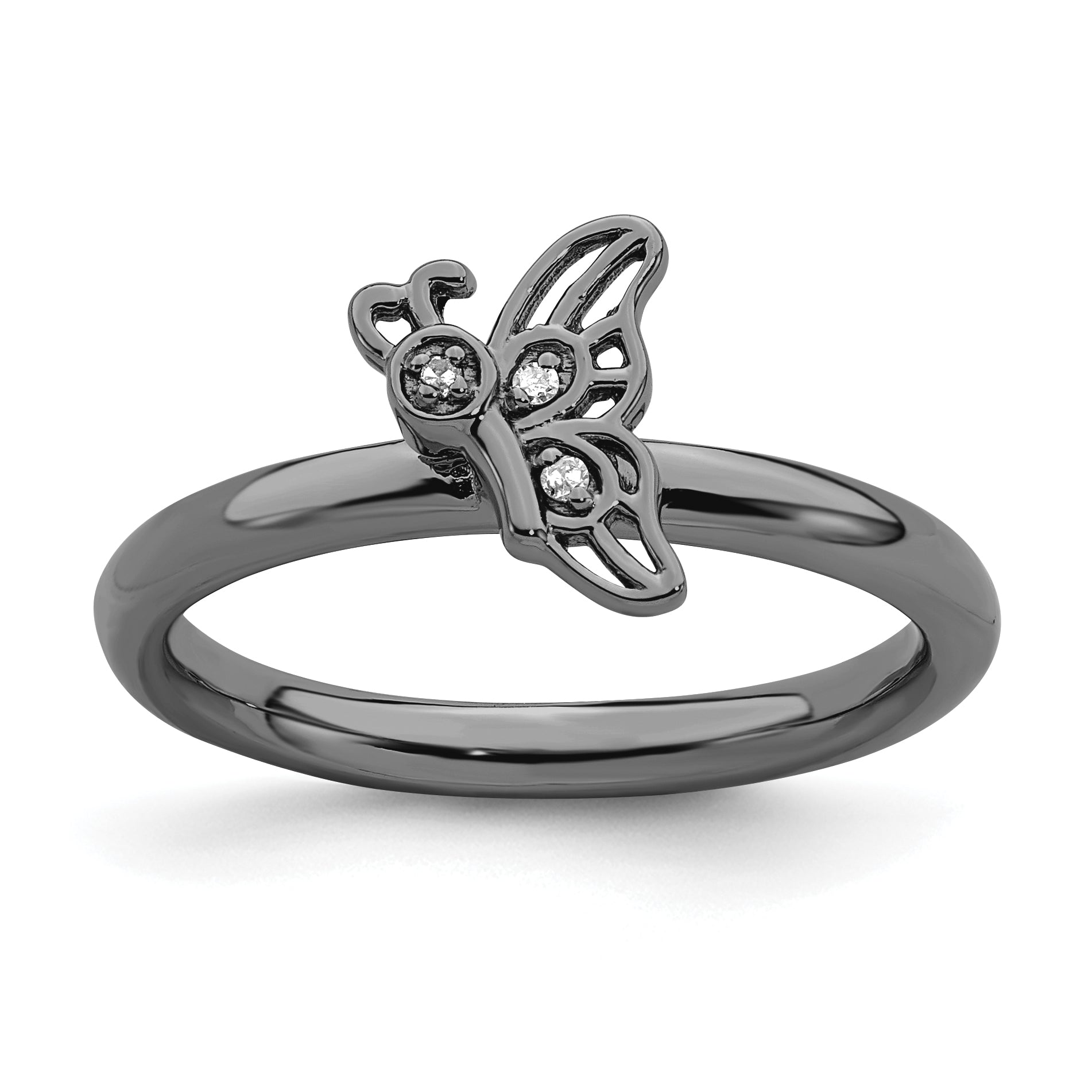 Sterlingsilber Stapelbar Expressions Schwarz Beschichtet Schmetterling Diamant Ring