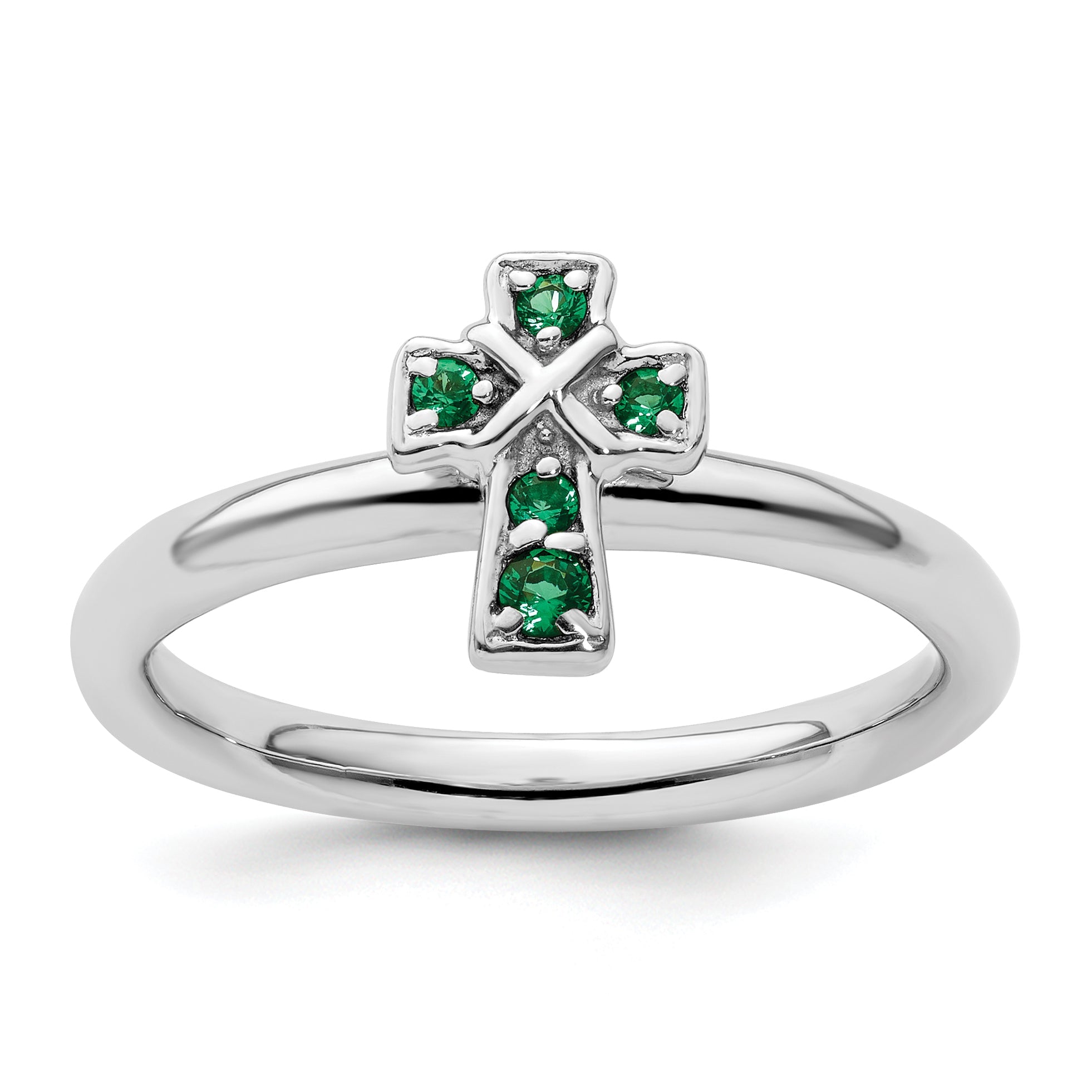 Sterlingsilber Stapelbar Expressions Rhodium Erzeugt Smaragd Kreuz Ring