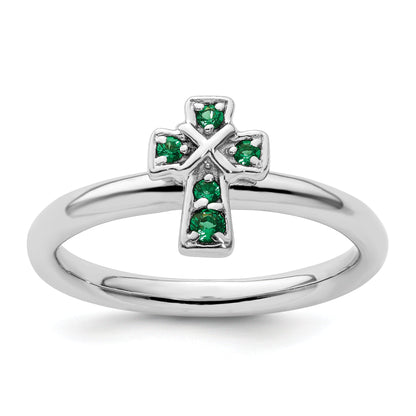 Sterlingsilber Stapelbar Expressions Rhodium Erzeugt Smaragd Kreuz Ring