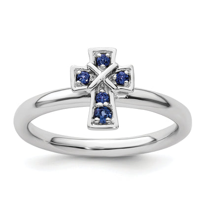 Sterlingsilber Stapelbar Expressions Rhodium Erzeugt Saphir Kreuz Ring