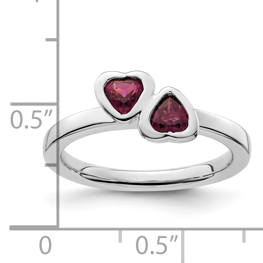 Sterlingsilber Stapelbar Expressions Rhodolith Granat Doppelt Herz Ring