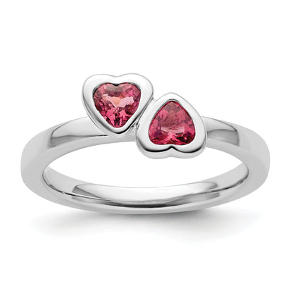 Sterlingsilber Stapelbar Expressions Rosa Turmalin Doppelt Herz Ring