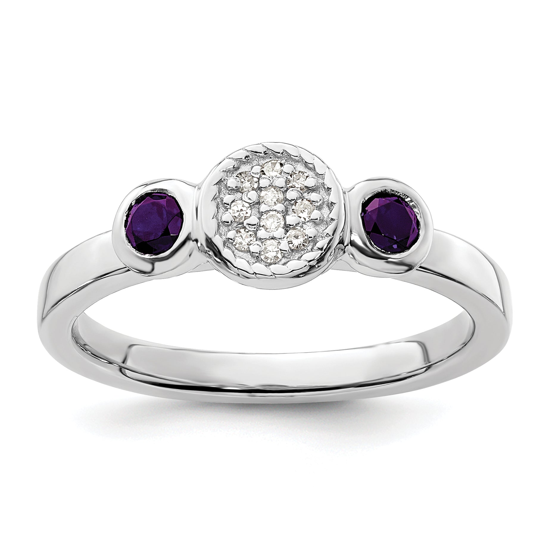 Sterlingsilber Stapelbar Expressions Dbl Rund Amethyst & Diamant. Ring