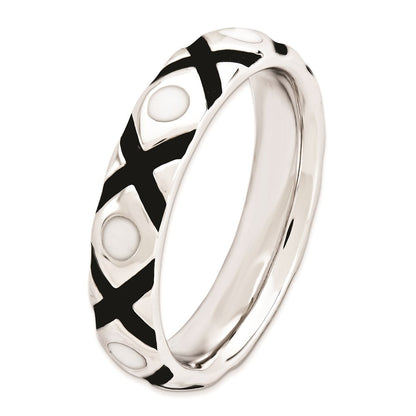 Sterlingsilber Stapelbar Expressions Poliert Schwarz/white Emailliert Ring (size 10 Nur)