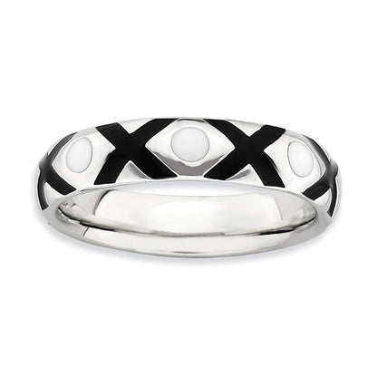 Sterlingsilber Stapelbar Expressions Poliert Schwarz/white Emailliert Ring (size 10 Nur)
