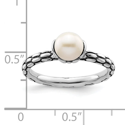 Sterlingsilber Stack Exp. Poliert Gemustert Weiß Fw Zuchtperle Ring