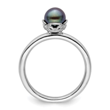Sterlingsilber Stack Exp. Poliert Schwarz Fw Zuchtperle Ring