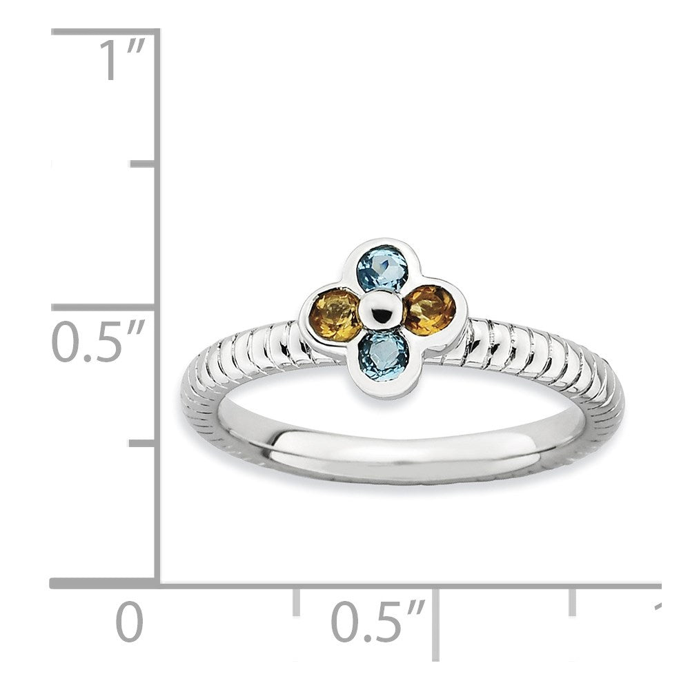Sterlingsilber Stapelbar Expressions Blautopas & Citrin Blume Ring (size 5 Nur)