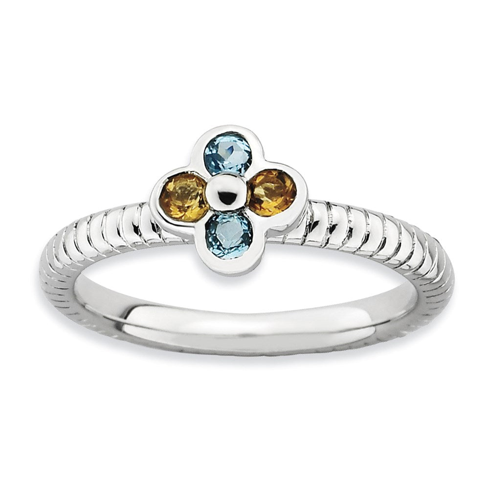 Sterlingsilber Stapelbar Expressions Blautopas & Citrin Blume Ring (size 5 Nur)