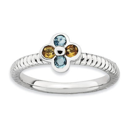 Sterlingsilber Stapelbar Expressions Blautopas & Citrin Blume Ring (size 5 Nur)
