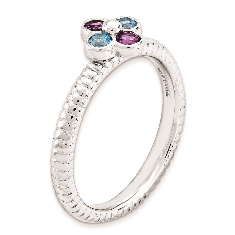 Sterlingsilber Stapelbar Expressions Blautopas & Amethyst Blume Ring