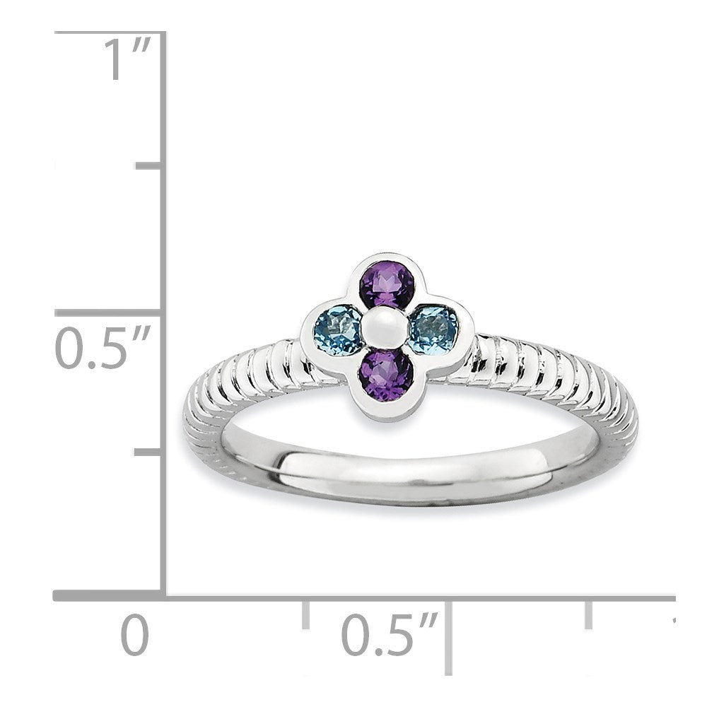 Sterlingsilber Stapelbar Expressions Blautopas & Amethyst Blume Ring