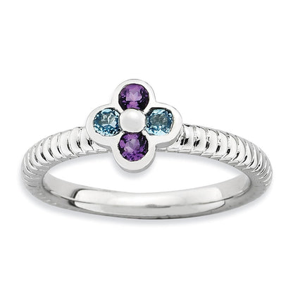 Sterlingsilber Stapelbar Expressions Blautopas & Amethyst Blume Ring