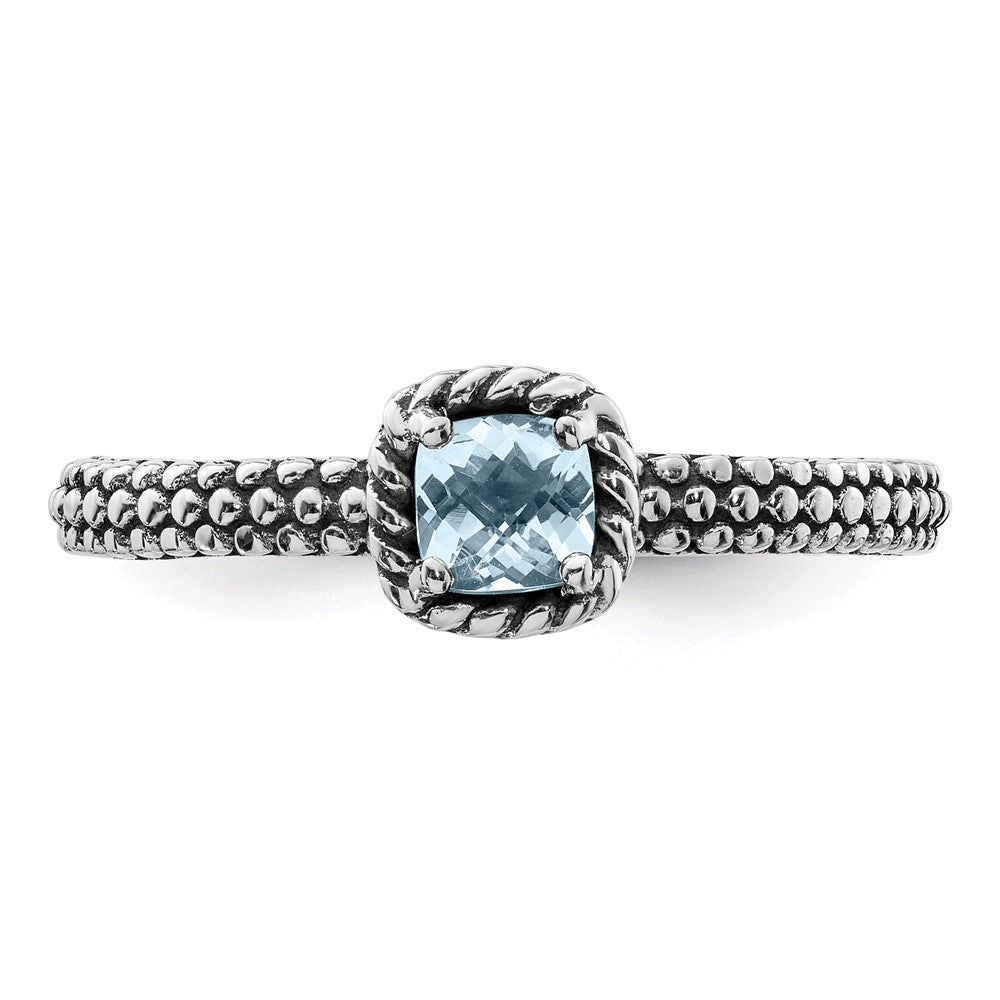 Sterlingsilber Stapelbar Expressions Karo Schliff Aquamarin Antikisiert Ring