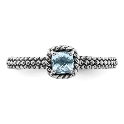 Sterlingsilber Stapelbar Expressions Karo Schliff Aquamarin Antikisiert Ring