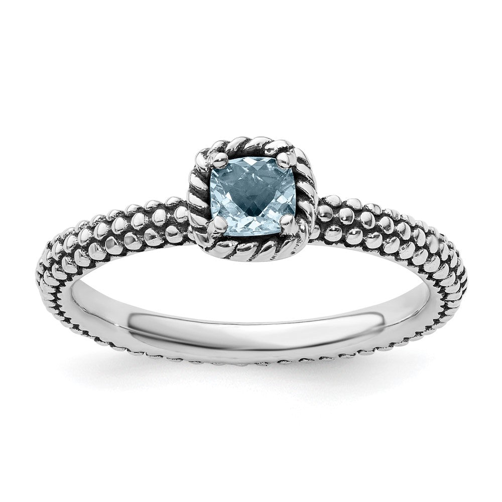 Sterlingsilber Stapelbar Expressions Karo Schliff Aquamarin Antikisiert Ring