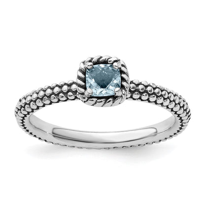 Sterlingsilber Stapelbar Expressions Karo Schliff Aquamarin Antikisiert Ring