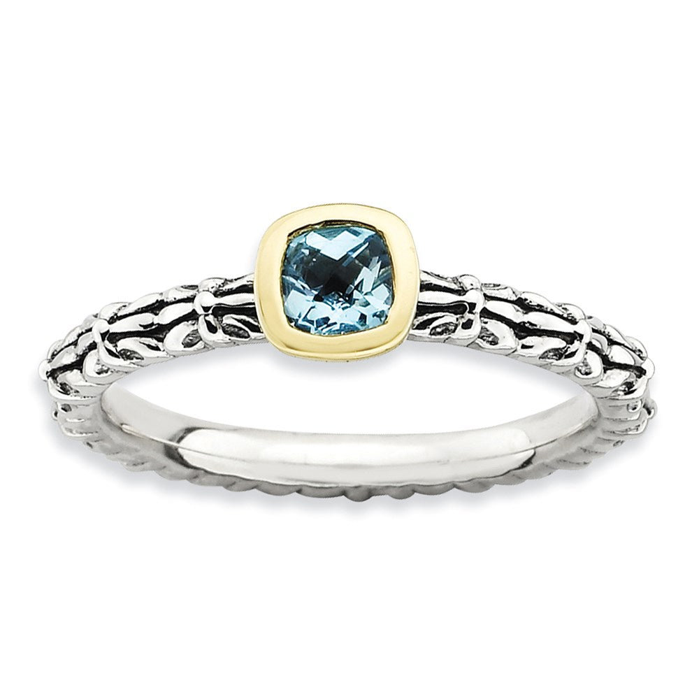 14K/silver Bicolor Sterlingsilber & 14K Stapelbar Expressions Karo Schliff Blautopas Ring (size 5 Nur)