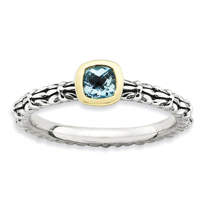 14K/silver Bicolor Sterlingsilber & 14K Stapelbar Expressions Karo Schliff Blautopas Ring (size 5 Nur)