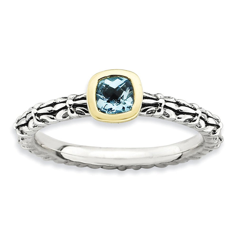 14K/silver Bicolor Sterlingsilber & 14K Stapelbar Expressions Karo Schliff Blautopas Ring (size 5 Nur)