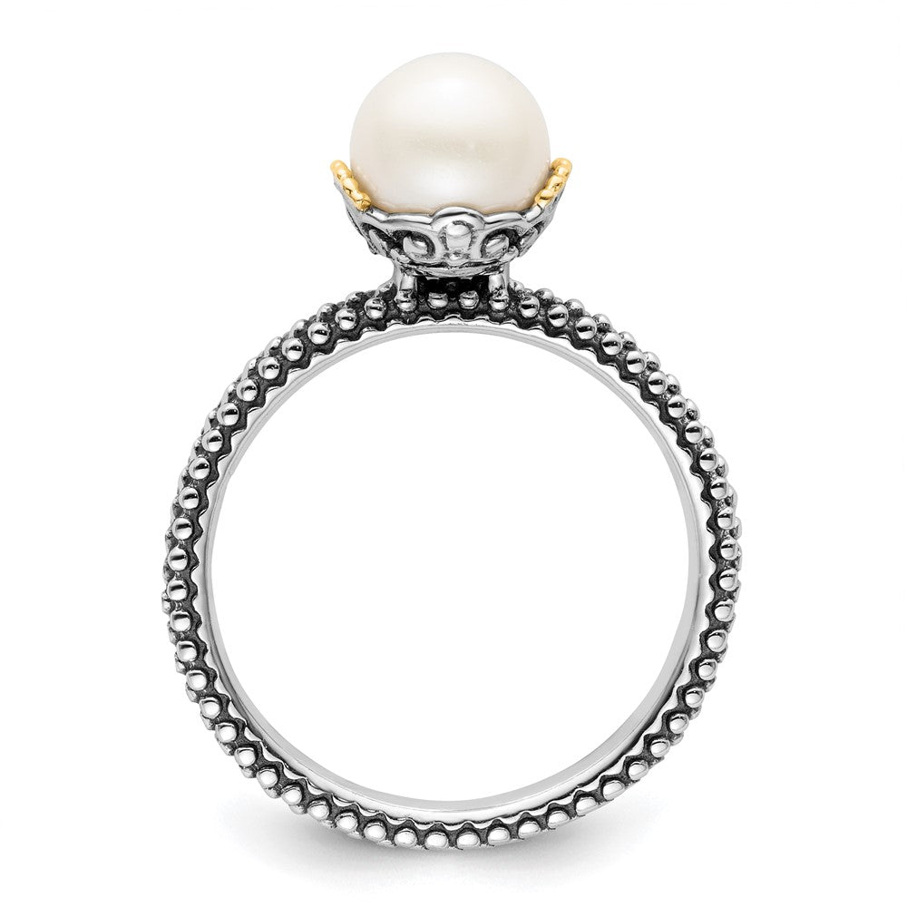 14K/silver Bicolor Sterlingsilber & 14K Stack Exp. 7.0 7.5mm Weiß Fw Zuchtperle Ring