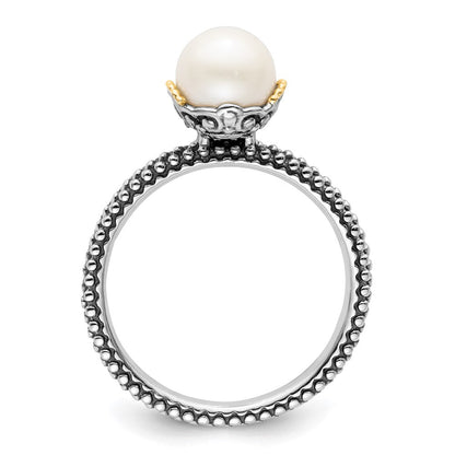 14K/silver Bicolor Sterlingsilber & 14K Stack Exp. 7.0 7.5mm Weiß Fw Zuchtperle Ring