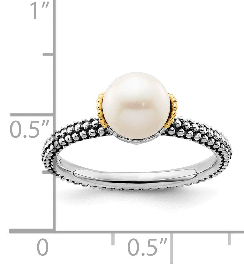 14K/silver Bicolor Sterlingsilber & 14K Stack Exp. 7.0 7.5mm Weiß Fw Zuchtperle Ring