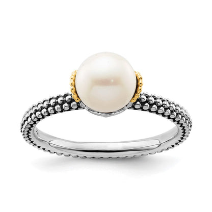 14K/silver Bicolor Sterlingsilber & 14K Stack Exp. 7.0 7.5mm Weiß Fw Zuchtperle Ring