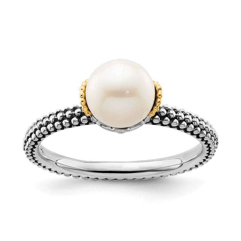 14K/silver Bicolor Sterlingsilber & 14K Stack Exp. 7.0 7.5mm Weiß Fw Zuchtperle Ring