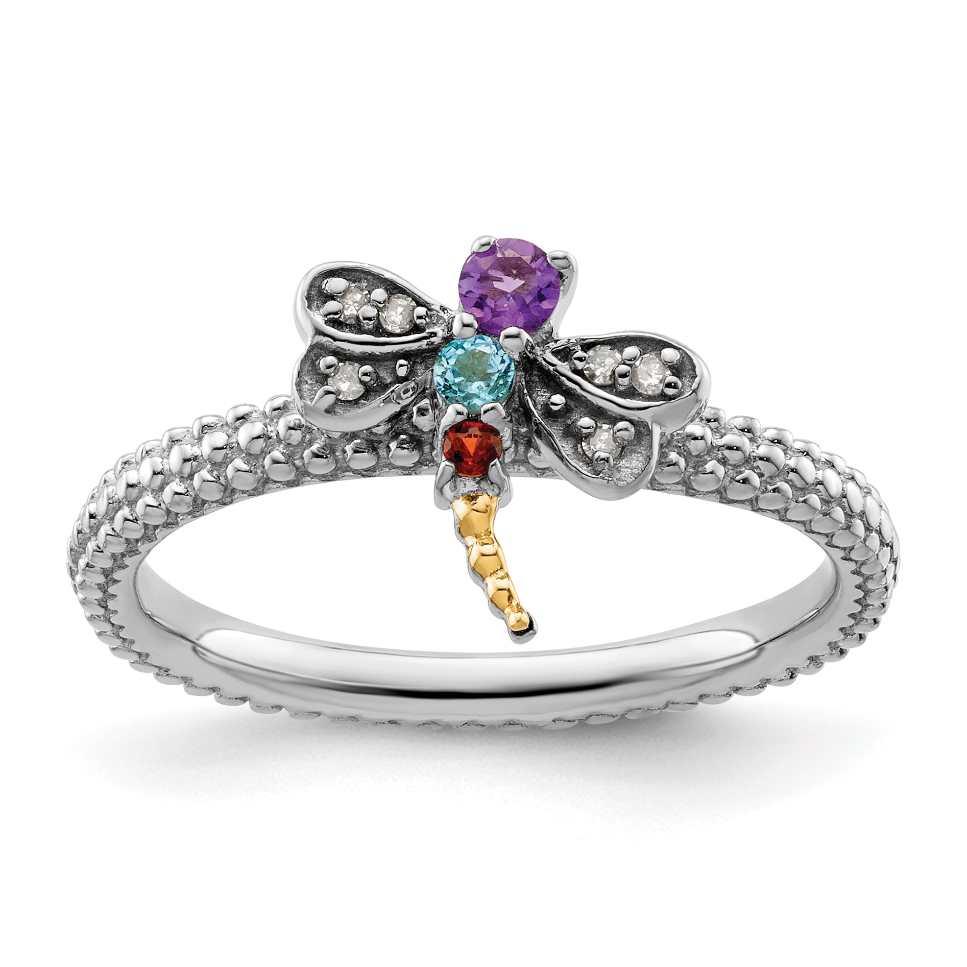 14K/silver Bicolor Sterlingsilber &14K Stapelbar Expressions Edelstein & Diamant Libelle Ring