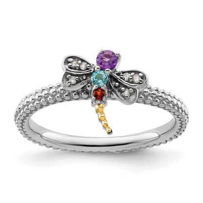 14K/silver Bicolor Sterlingsilber &14K Stapelbar Expressions Edelstein & Diamant Libelle Ring