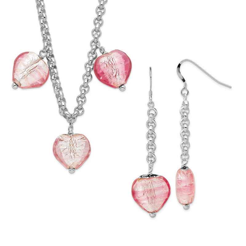 Sterlingsilber Poliert Rosa Murano Glas Herz Ohrringe und Halskette Set