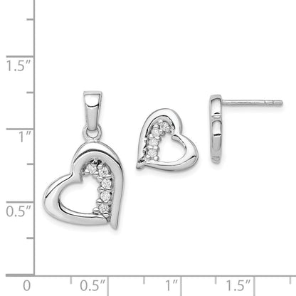 Sterlingsilber Rhodiniert Zirkonia Herz Ohrring und Anhänger Set