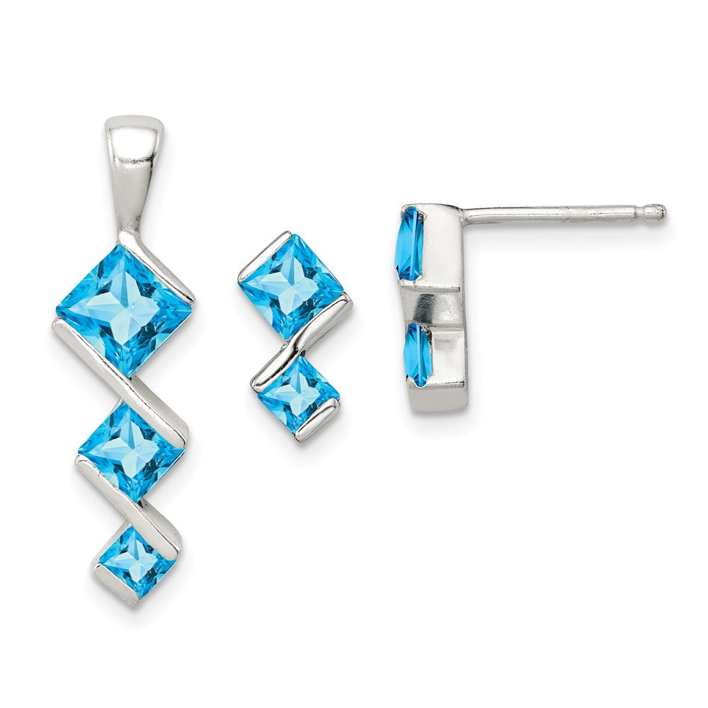 Sterlingsilber Poliert Blautopas Anhänger und Ohrstecker Set