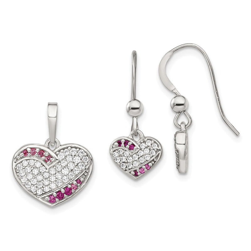 Sterlingsilber Rhodiniert Zirkonia Herz Hängend Ohrring & Anhänger Set