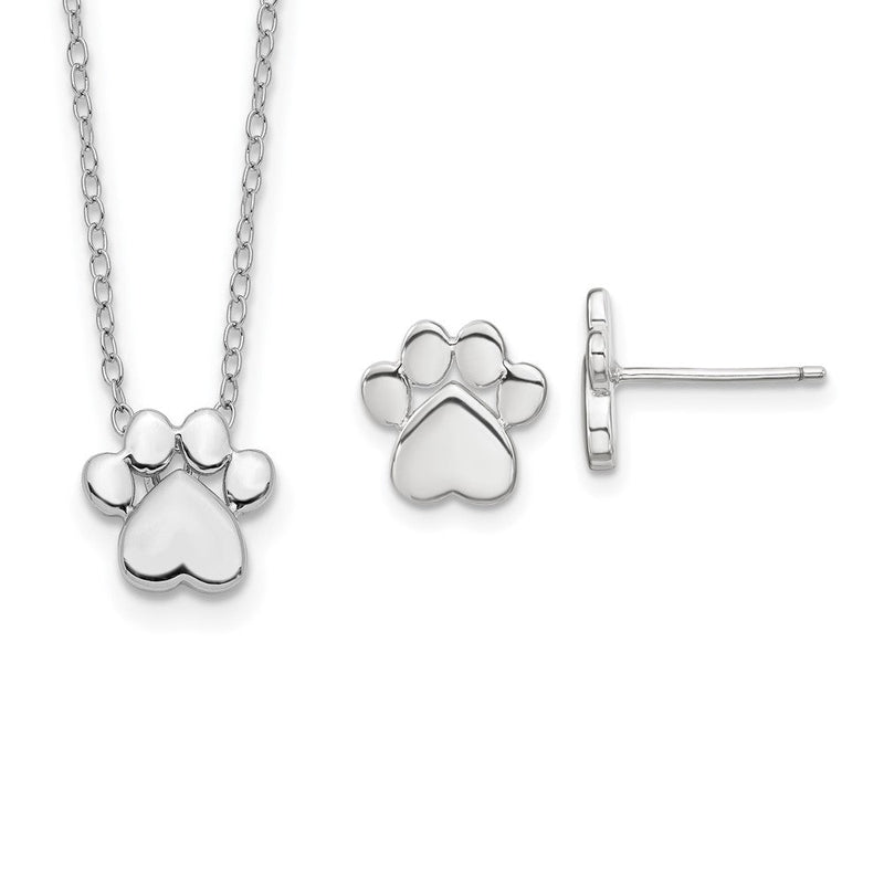 Sterlingsilber Rhodiniert Paw Druck mit 2 in Verlängerung. Stecker Ohrring Halskette Set