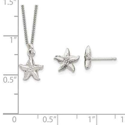 Sterlingsilber Poliert & Strukturiert Seestern Kinder 14 Zoll Halskette und Ohrstecker Set
